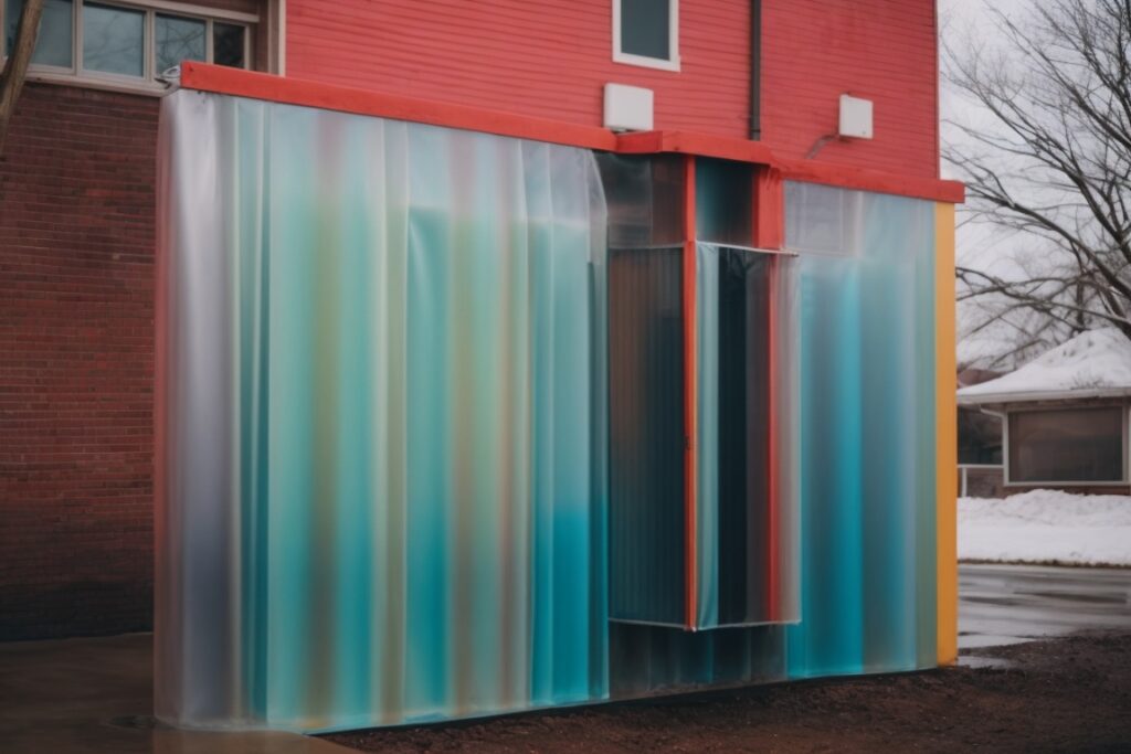 Colorful building wrapped in protective film in Ohio weather conditions