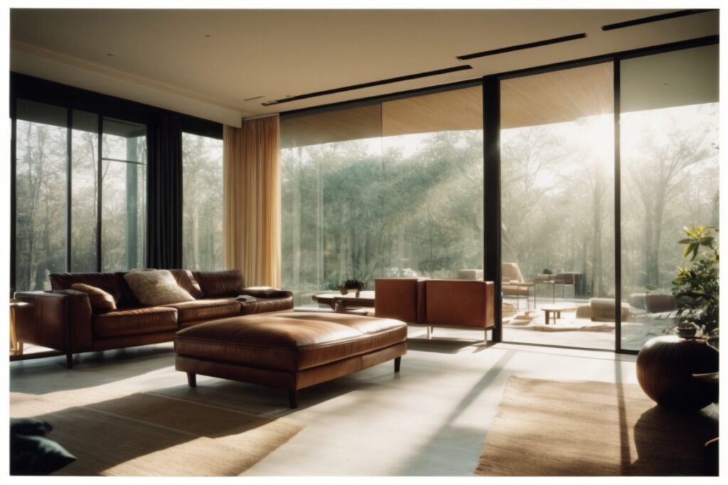 Modern house interior with sunlight filtering through window tint