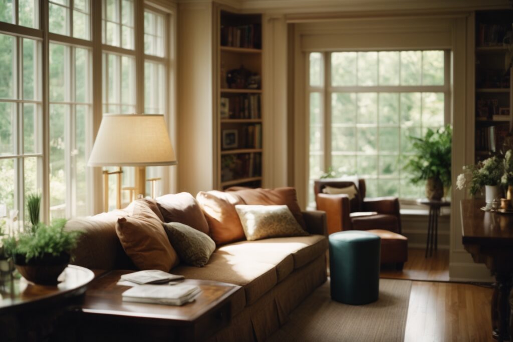 Ohio home interior, natural soft light filtered through windows with glare reduction film