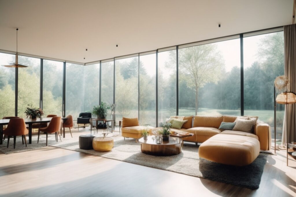 Bright living room with UV blocking window film installed, natural light flooding in