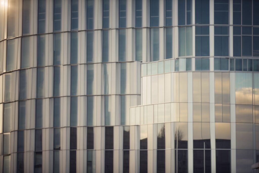 Exterior of an Ohio commercial building with low-e window film, reflecting sunlight