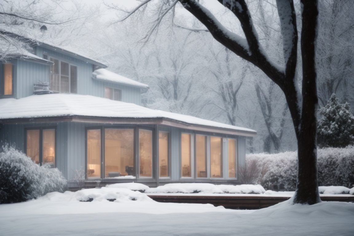 Frosty exterior of a home during winter with visible window film