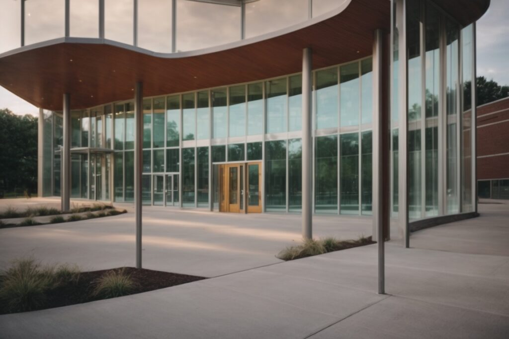 Ohio library exterior with spectrally selective window films, summer setting