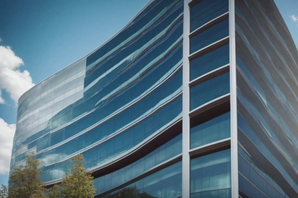 Modern office building in Ohio with climate control window film during sunny summer day