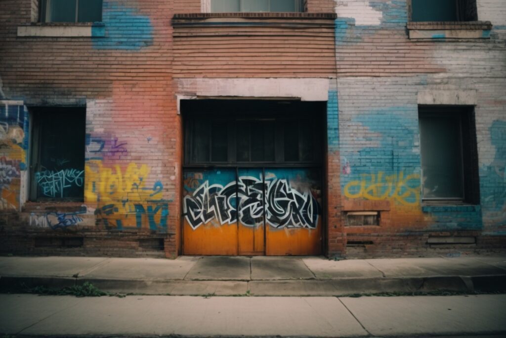 Ohio building with graffiti and protective film visible
