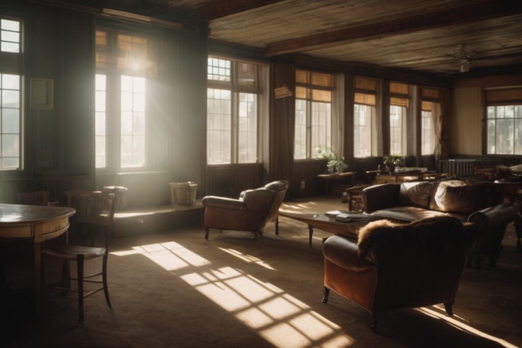 Building interior with faded furnishings and intense sunlight streaming through untreated windows