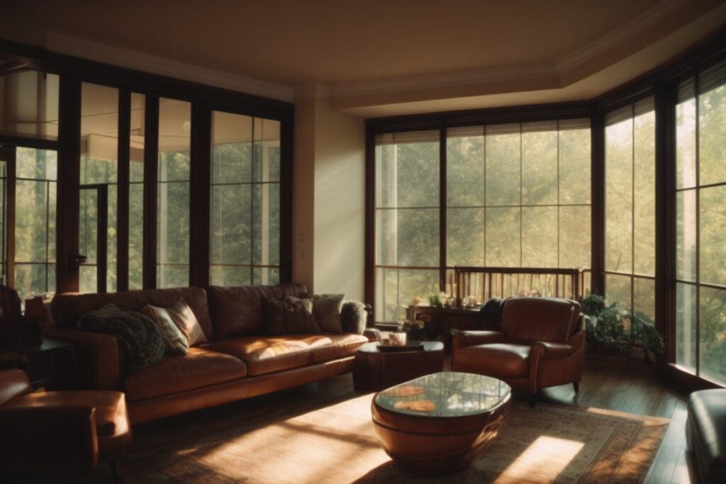 Ohio home interior with glare reducing window film, sunlight filtered through windows
