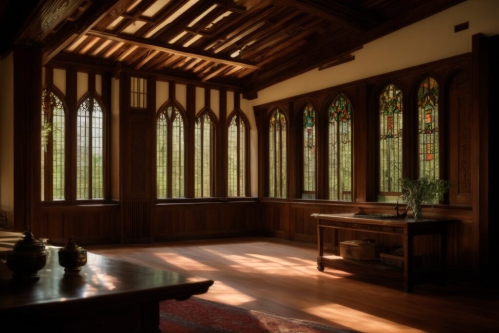 Interior of Stan Hywet Hall, sunlight filtering through spectrally selective filmed windows